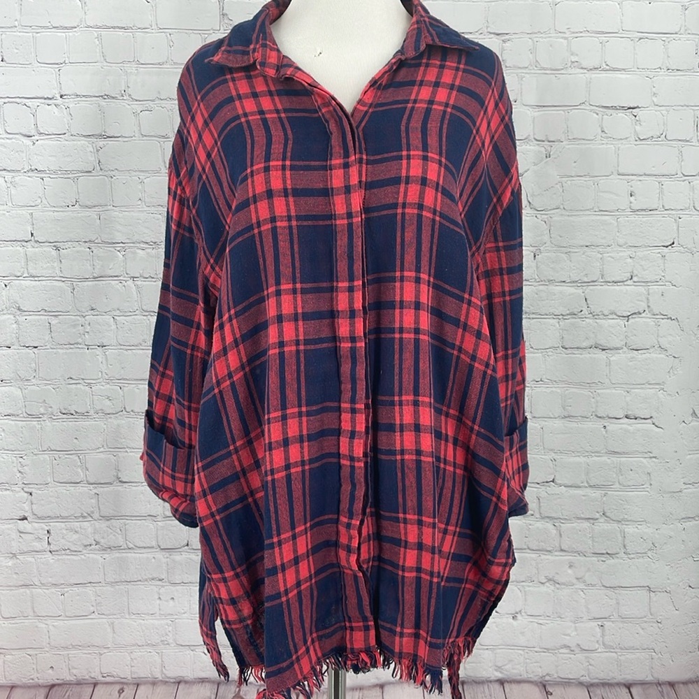 Umgee Oversized Buffalo Plaid Raw Hem 3/4 Sleeve Button Down Flannel Small Pink